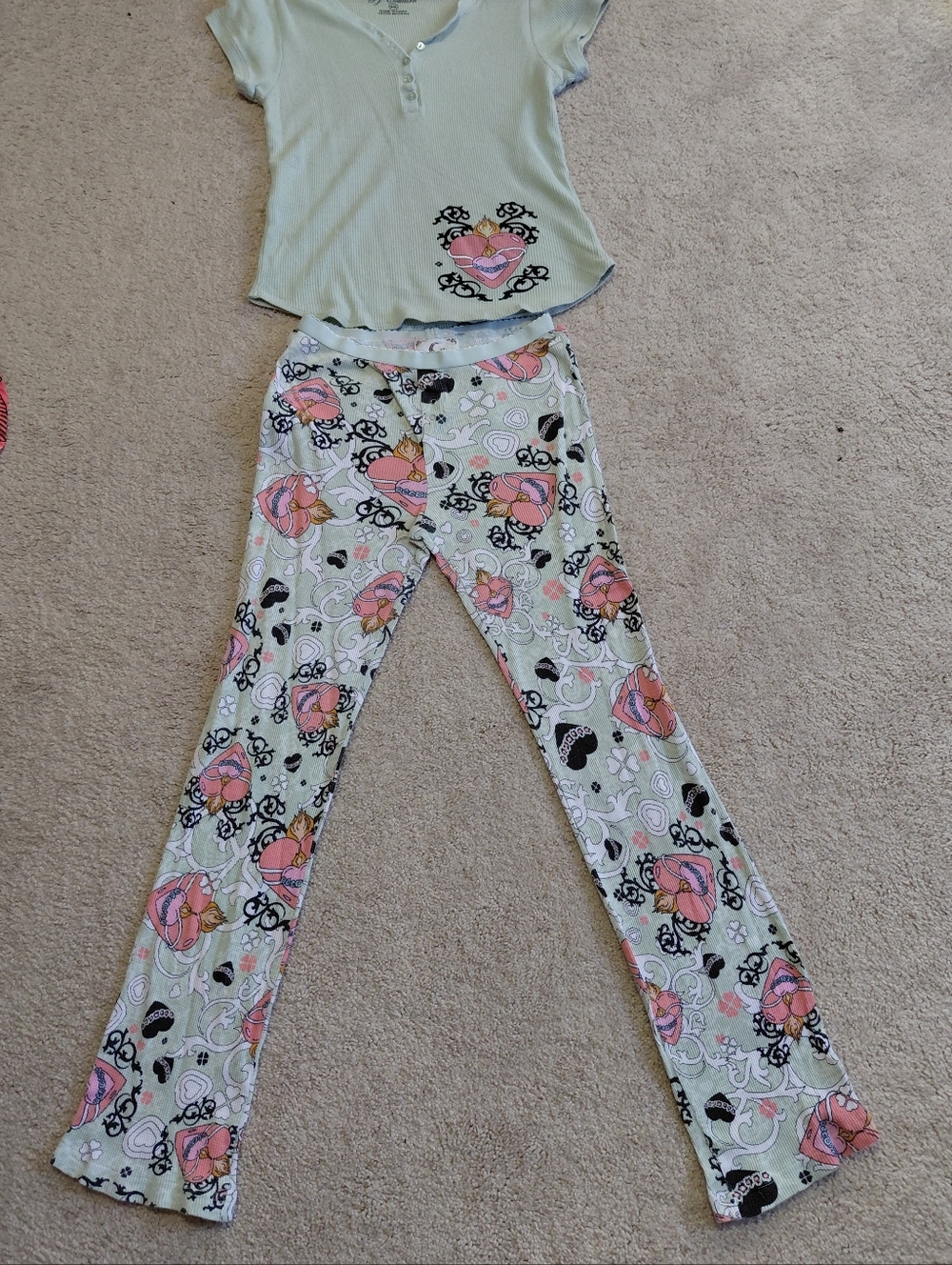 Pj Couture Mint Green Ribbed Henley Top with Pink Floral Heart Print Pajama Set - Picture 6 of 12